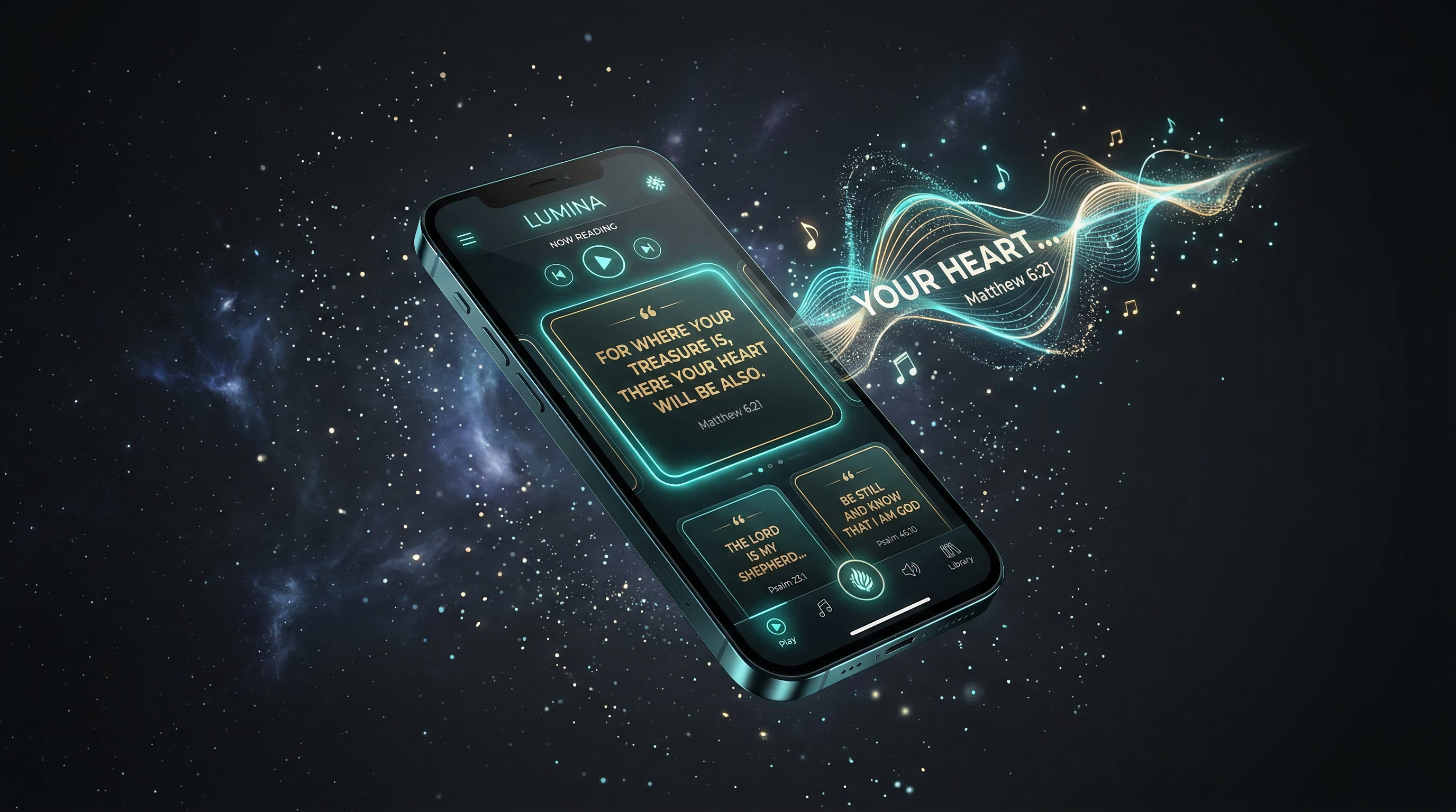 Phone displaying Bible verse cards floating in teal light