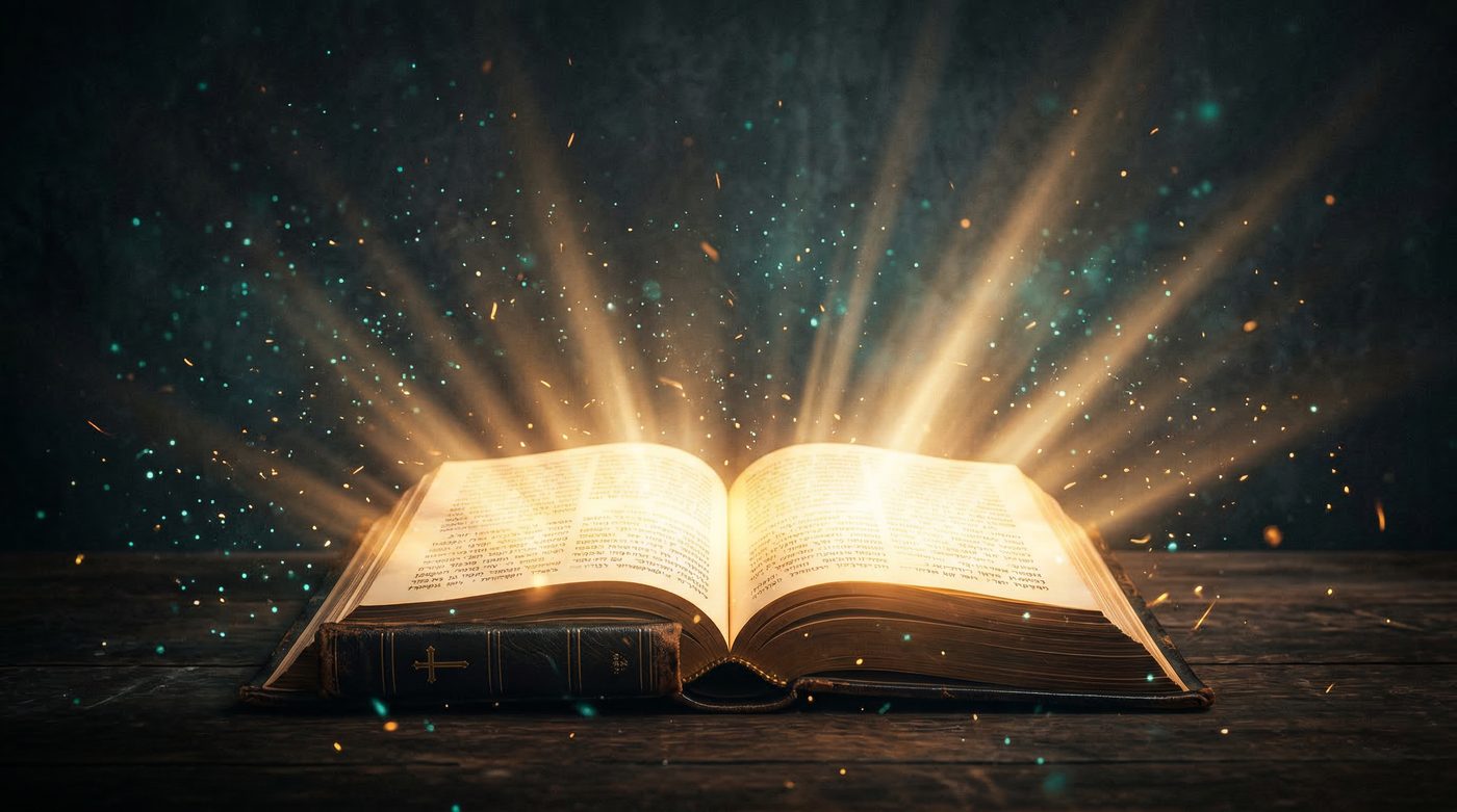 Glowing open Bible with teal and gold light particles